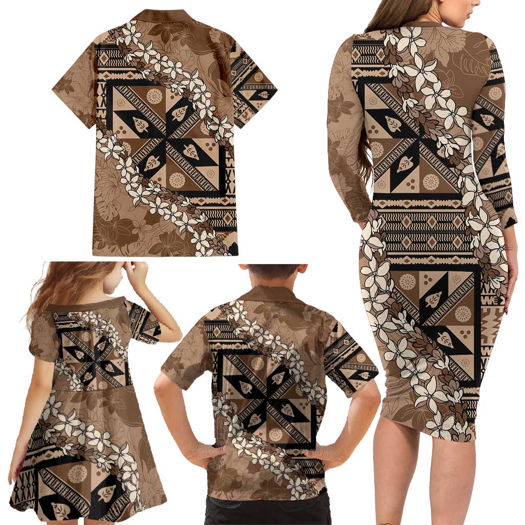 Bula Fiji Plumeria Tagimoucia Salusalu Mocha Family Matching Long Sleeve Bodycon Dress and Hawaiian Shirt Kaiviti Masi LT7 - Polynesian Pride