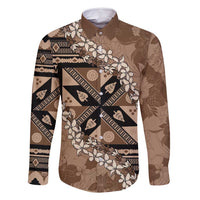 Bula Fiji Plumeria Tagimoucia Salusalu Mocha Family Matching Long Sleeve Bodycon Dress and Hawaiian Shirt Kaiviti Masi LT7 Dad's Shirt - Long Sleeve Mocha - Polynesian Pride