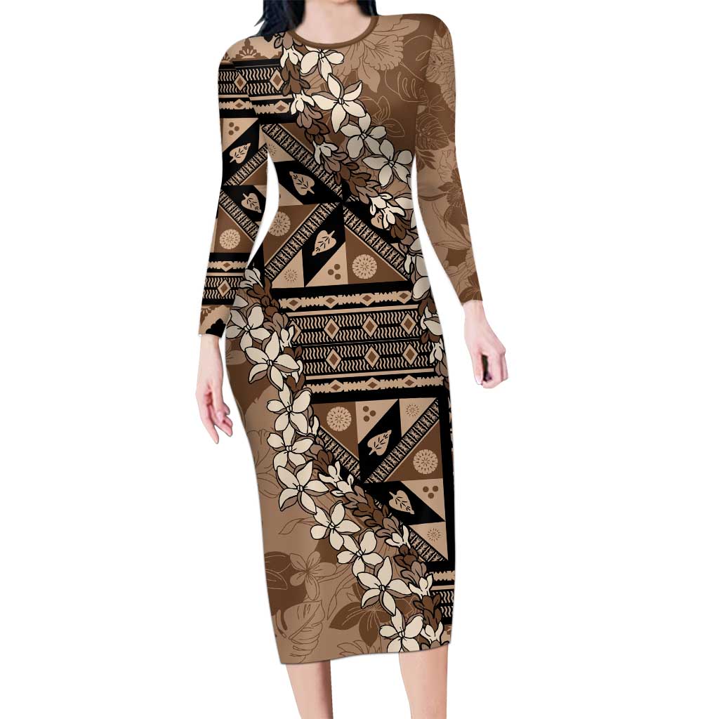 Bula Fiji Plumeria Tagimoucia Salusalu Mocha Family Matching Long Sleeve Bodycon Dress and Hawaiian Shirt Kaiviti Masi LT7 Mom's Dress Mocha - Polynesian Pride