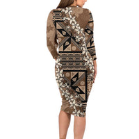 Bula Fiji Plumeria Tagimoucia Salusalu Mocha Family Matching Long Sleeve Bodycon Dress and Hawaiian Shirt Kaiviti Masi LT7 - Polynesian Pride