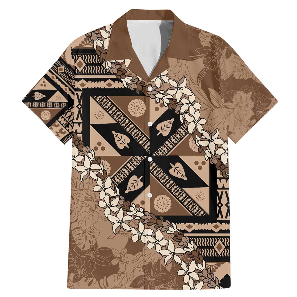 Bula Fiji Plumeria Tagimoucia Salusalu Mocha Family Matching Mermaid Dress and Hawaiian Shirt Kaiviti Masi LT7 Dad's Shirt - Short Sleeve Mocha - Polynesian Pride