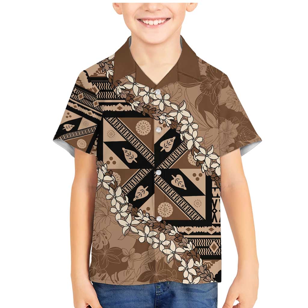 Bula Fiji Plumeria Tagimoucia Salusalu Mocha Family Matching Mermaid Dress and Hawaiian Shirt Kaiviti Masi LT7 Son's Shirt Mocha - Polynesian Pride