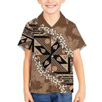 Bula Fiji Plumeria Tagimoucia Salusalu Mocha Family Matching Off The Shoulder Long Sleeve Dress and Hawaiian Shirt Kaiviti Masi LT7 Son's Shirt Mocha - Polynesian Pride