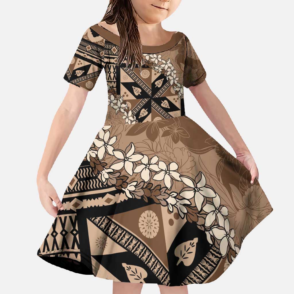 Bula Fiji Plumeria Tagimoucia Salusalu Mocha Family Matching Off Shoulder Maxi Dress and Hawaiian Shirt Kaiviti Masi LT7 Daughter's Dress Mocha - Polynesian Pride