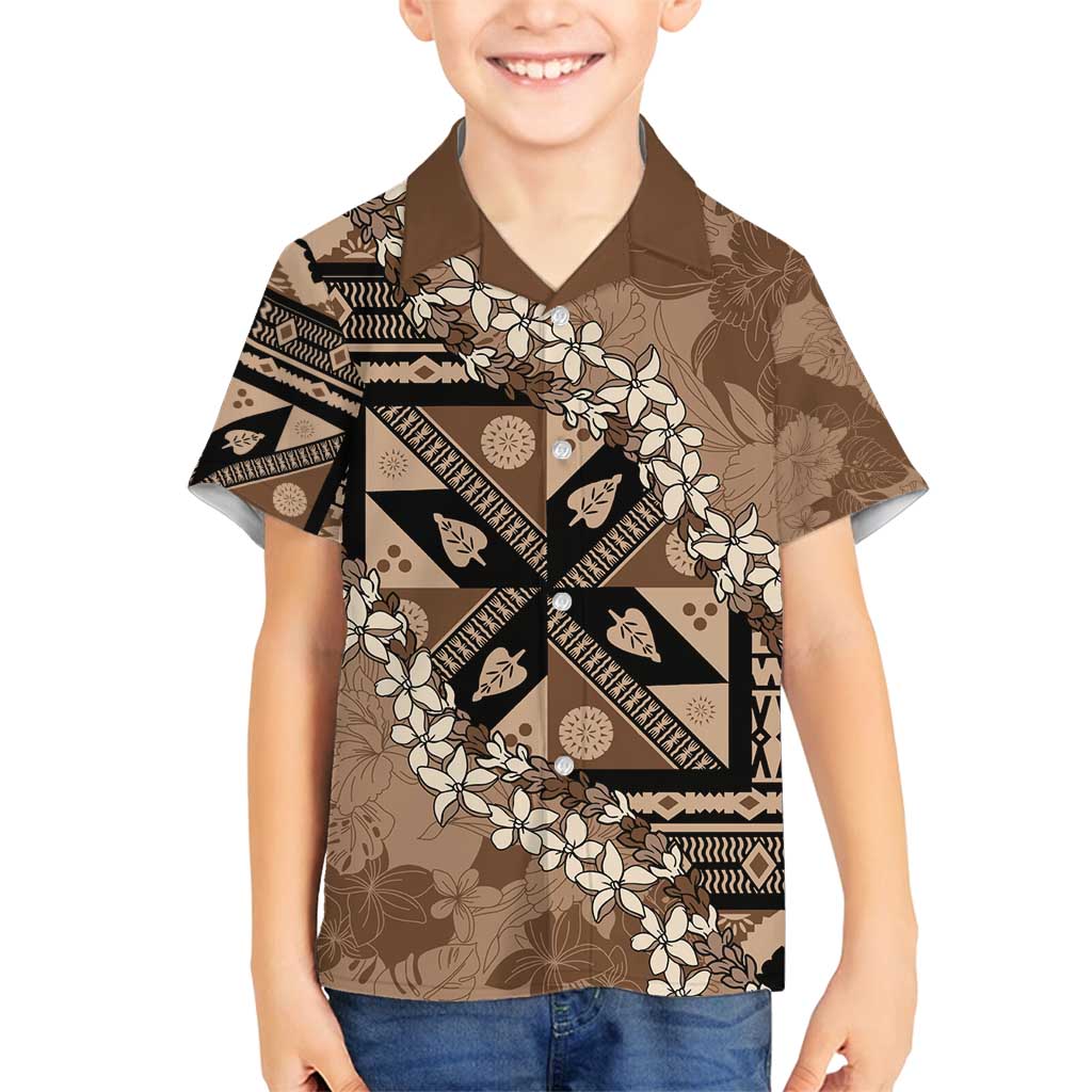 Bula Fiji Plumeria Tagimoucia Salusalu Mocha Family Matching Off Shoulder Short Dress and Hawaiian Shirt Kaiviti Masi LT7 Son's Shirt Mocha - Polynesian Pride
