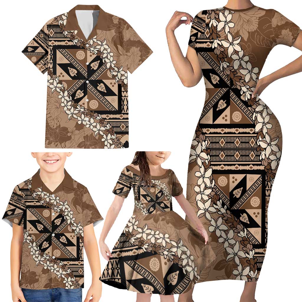 Bula Fiji Plumeria Tagimoucia Salusalu Mocha Family Matching Short Sleeve Bodycon Dress and Hawaiian Shirt Kaiviti Masi LT7 - Polynesian Pride