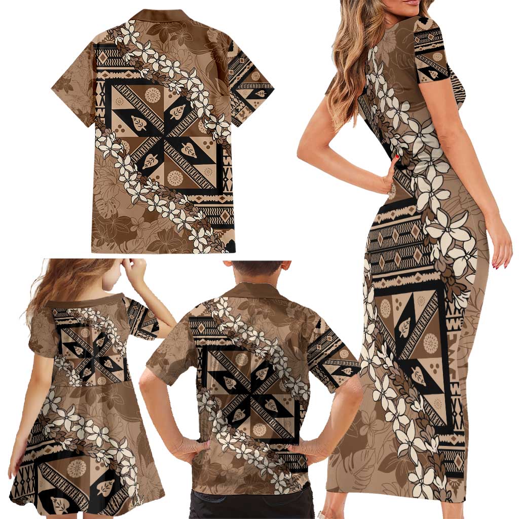 Bula Fiji Plumeria Tagimoucia Salusalu Mocha Family Matching Short Sleeve Bodycon Dress and Hawaiian Shirt Kaiviti Masi LT7 - Polynesian Pride
