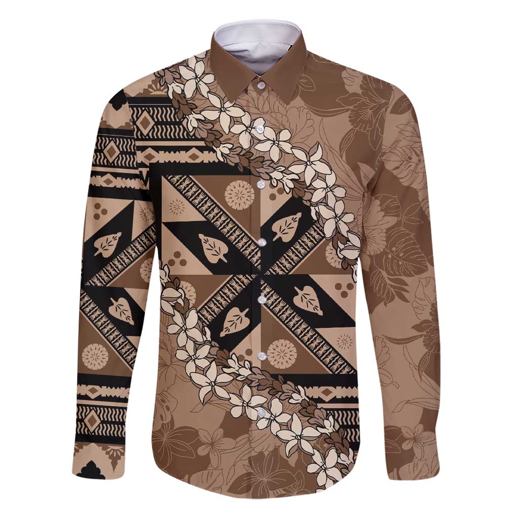 Bula Fiji Plumeria Tagimoucia Salusalu Mocha Family Matching Short Sleeve Bodycon Dress and Hawaiian Shirt Kaiviti Masi LT7 Dad's Shirt - Long Sleeve Mocha - Polynesian Pride