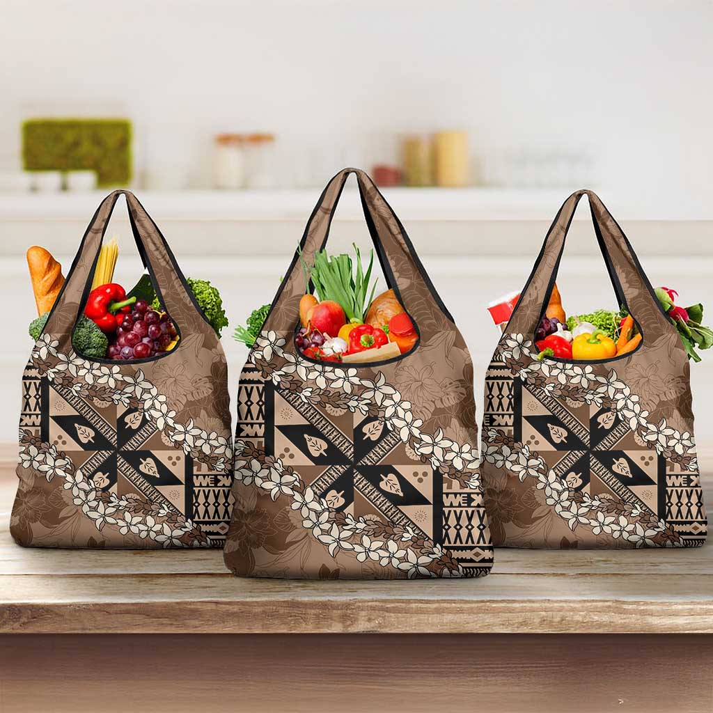 Bula Fiji Plumeria Tagimoucia Salusalu Mocha Grocery Bag Kaiviti Masi - Polynesian Pride