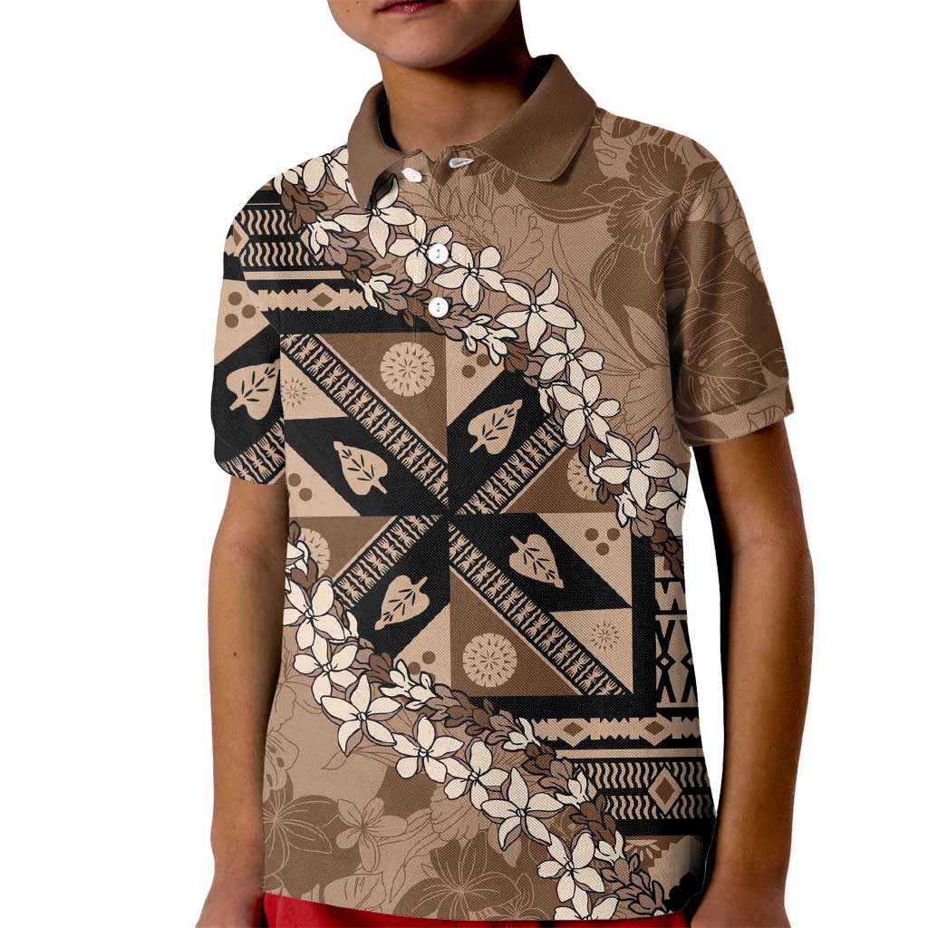Bula Fiji Plumeria Tagimoucia Salusalu Mocha Kid Polo Shirt Kaiviti Masi - Polynesian Pride