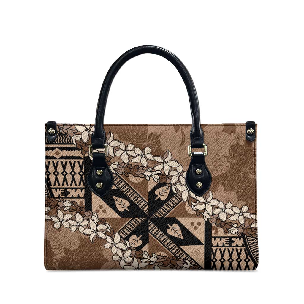Bula Fiji Plumeria Tagimoucia Salusalu Mocha Leather Bag Kaiviti Masi LT7 - Polynesian Pride