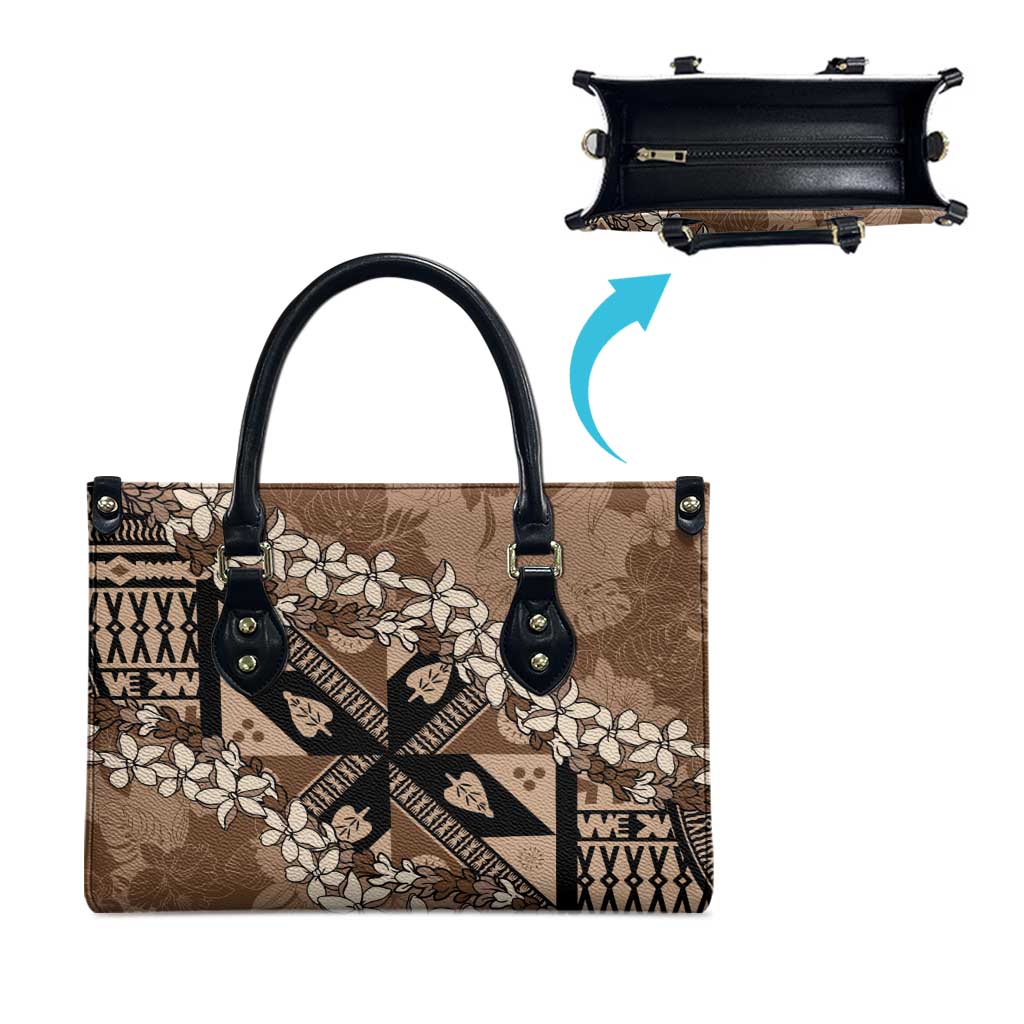 Bula Fiji Plumeria Tagimoucia Salusalu Mocha Leather Bag Kaiviti Masi LT7 - Polynesian Pride