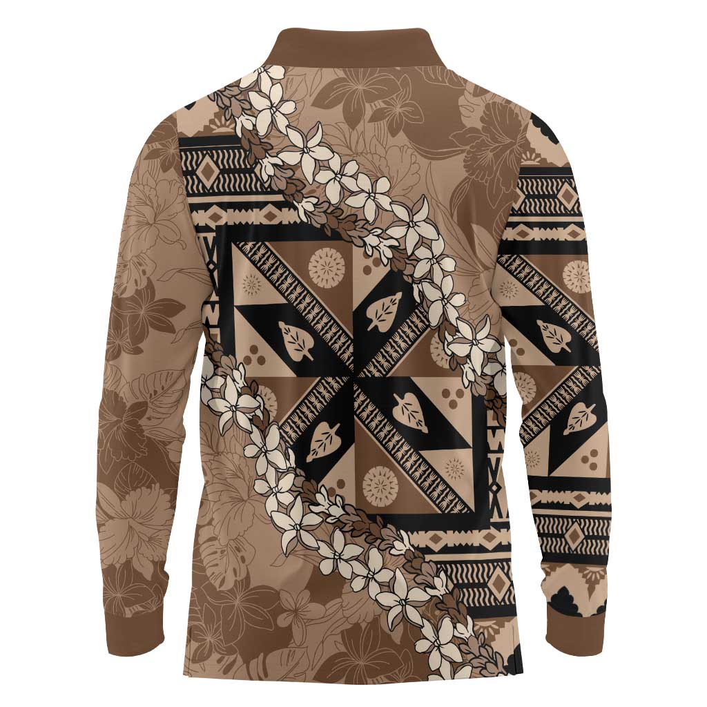 Bula Fiji Plumeria Tagimoucia Salusalu Mocha Long Sleeve Polo Shirt Kaiviti Masi - Polynesian Pride