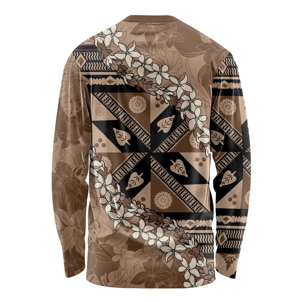 Bula Fiji Plumeria Tagimoucia Salusalu Mocha Long Sleeve Shirt Kaiviti Masi LT7 - Polynesian Pride