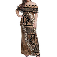 Bula Fiji Plumeria Tagimoucia Salusalu Mocha Off Shoulder Maxi Dress Kaiviti Masi LT7 Women Mocha - Polynesian Pride
