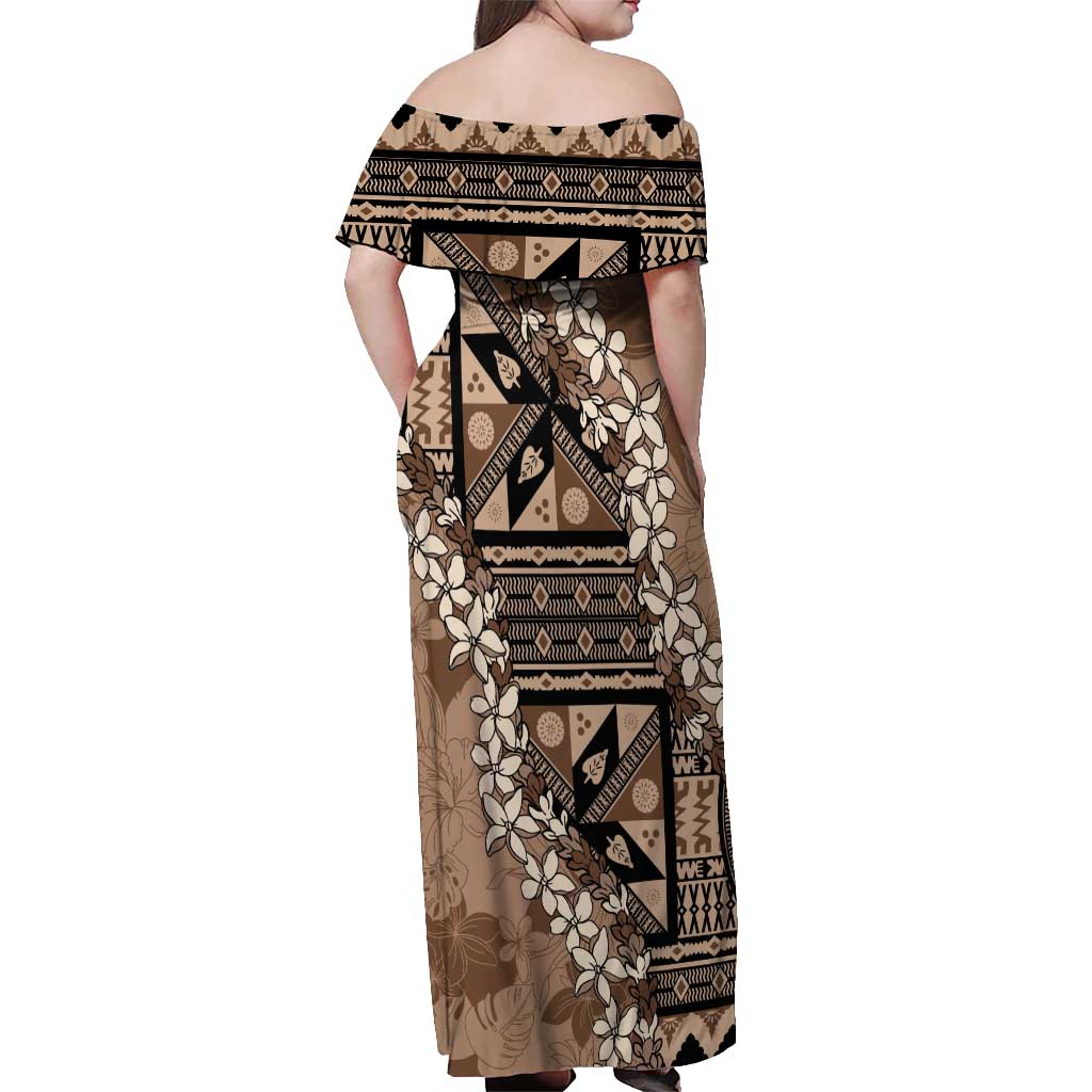 Bula Fiji Plumeria Tagimoucia Salusalu Mocha Off Shoulder Maxi Dress Kaiviti Masi LT7 - Polynesian Pride