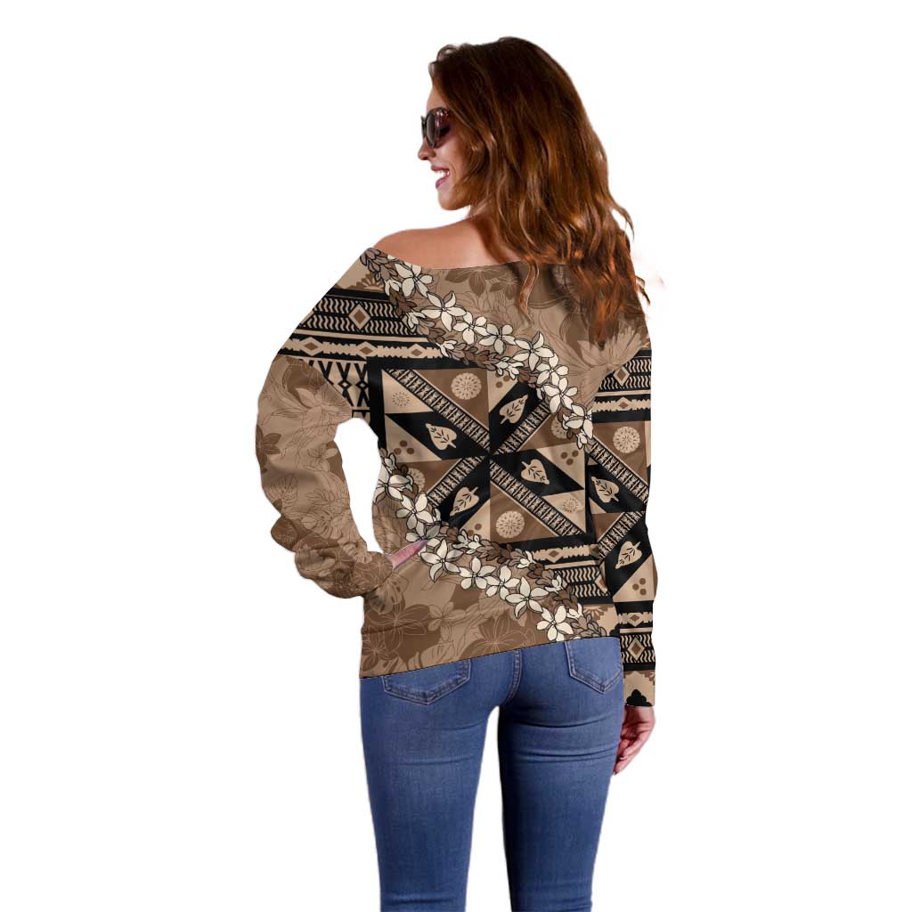Bula Fiji Plumeria Tagimoucia Salusalu Mocha Off Shoulder Sweater Kaiviti Masi - Polynesian Pride