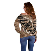 Bula Fiji Plumeria Tagimoucia Salusalu Mocha Off Shoulder Sweater Kaiviti Masi - Polynesian Pride