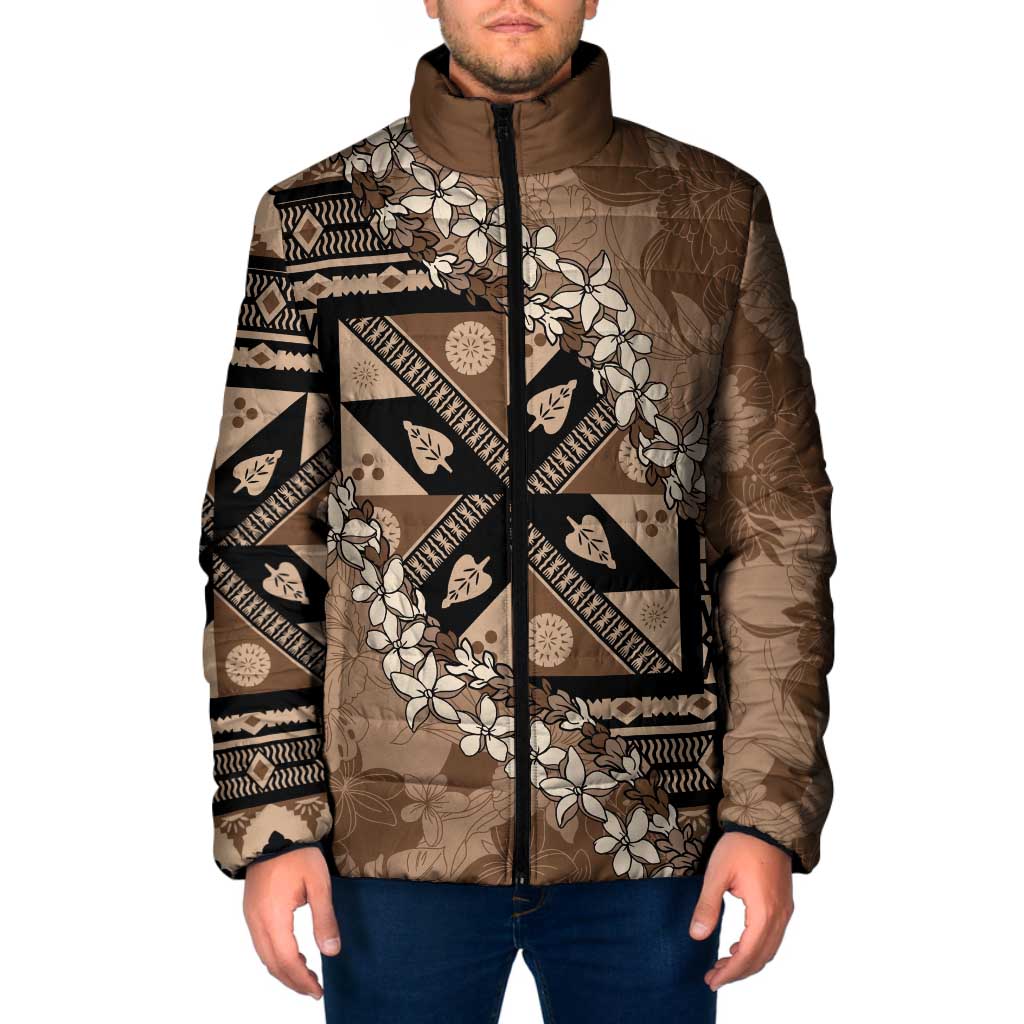Bula Fiji Plumeria Tagimoucia Salusalu Mocha Padded Jacket Kaiviti Masi - Polynesian Pride