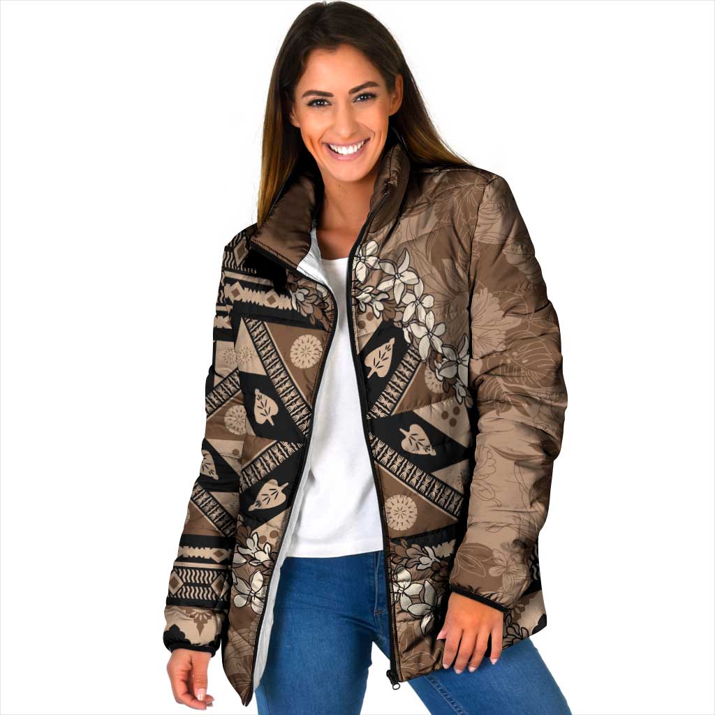 Bula Fiji Plumeria Tagimoucia Salusalu Mocha Padded Jacket Kaiviti Masi - Polynesian Pride