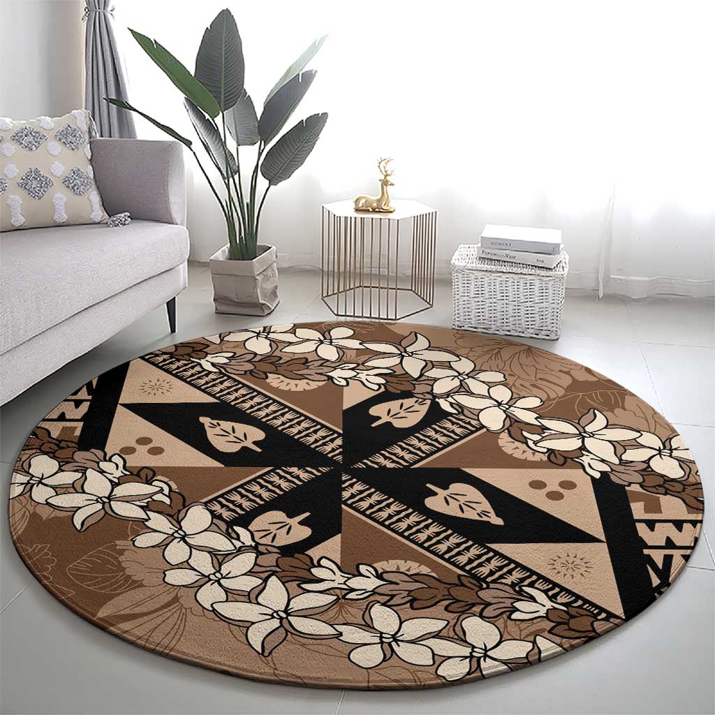 Bula Fiji Plumeria Tagimoucia Salusalu Mocha Round Carpet Kaiviti Masi - Polynesian Pride
