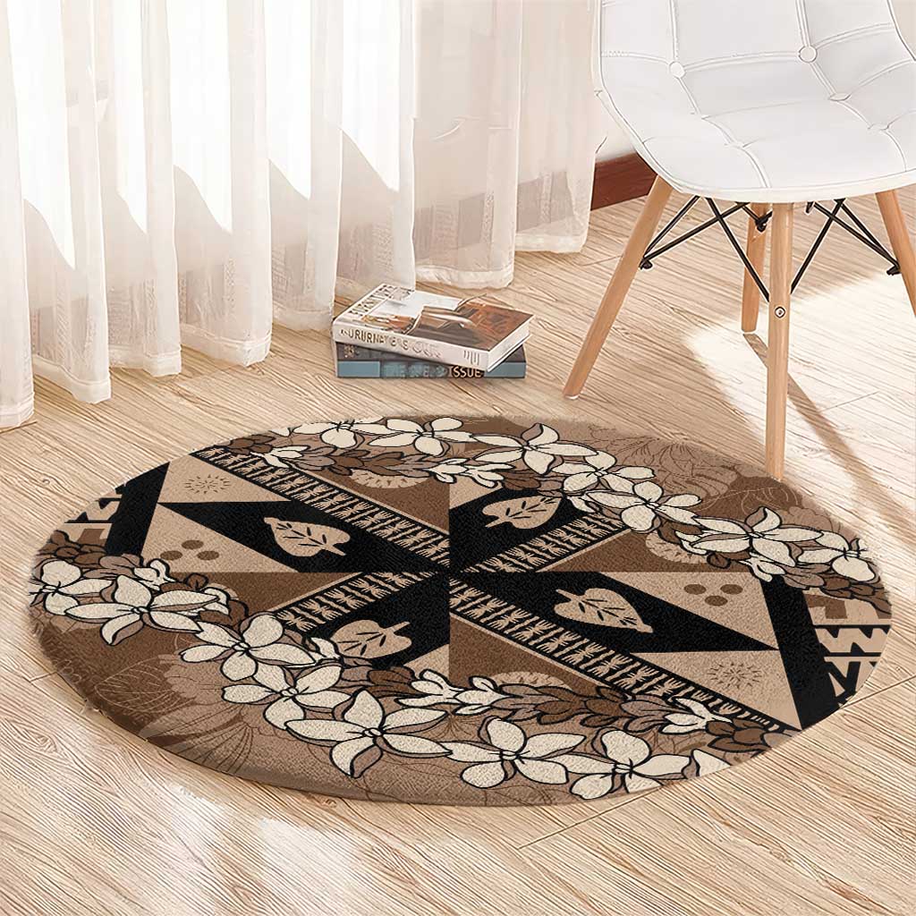Bula Fiji Plumeria Tagimoucia Salusalu Mocha Round Carpet Kaiviti Masi - Polynesian Pride