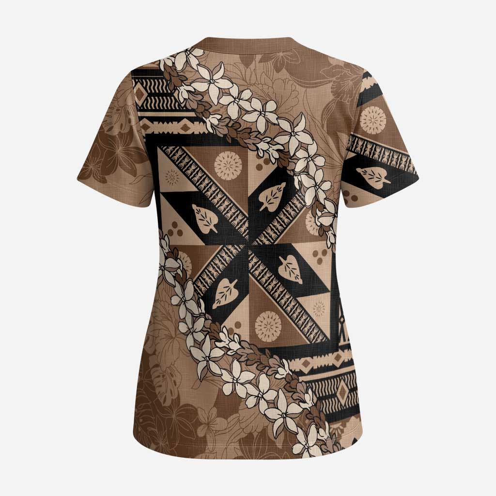 Bula Fiji Plumeria Tagimoucia Salusalu Mocha Scrub Top Kaiviti Masi - Polynesian Pride