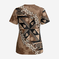 Bula Fiji Plumeria Tagimoucia Salusalu Mocha Scrub Top Kaiviti Masi - Polynesian Pride