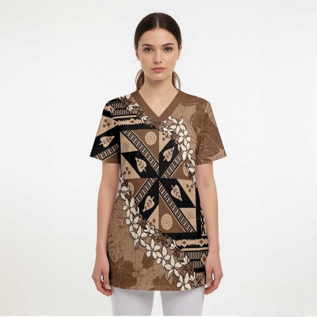 Bula Fiji Plumeria Tagimoucia Salusalu Mocha Scrub Top Kaiviti Masi - Polynesian Pride