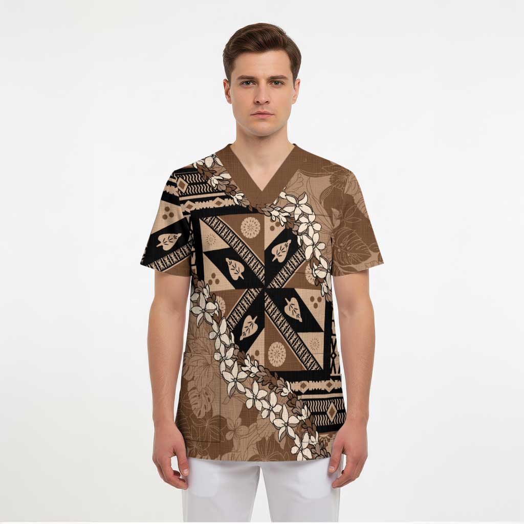 Bula Fiji Plumeria Tagimoucia Salusalu Mocha Scrub Top Kaiviti Masi - Polynesian Pride