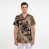 Bula Fiji Plumeria Tagimoucia Salusalu Mocha Scrub Top Kaiviti Masi - Polynesian Pride