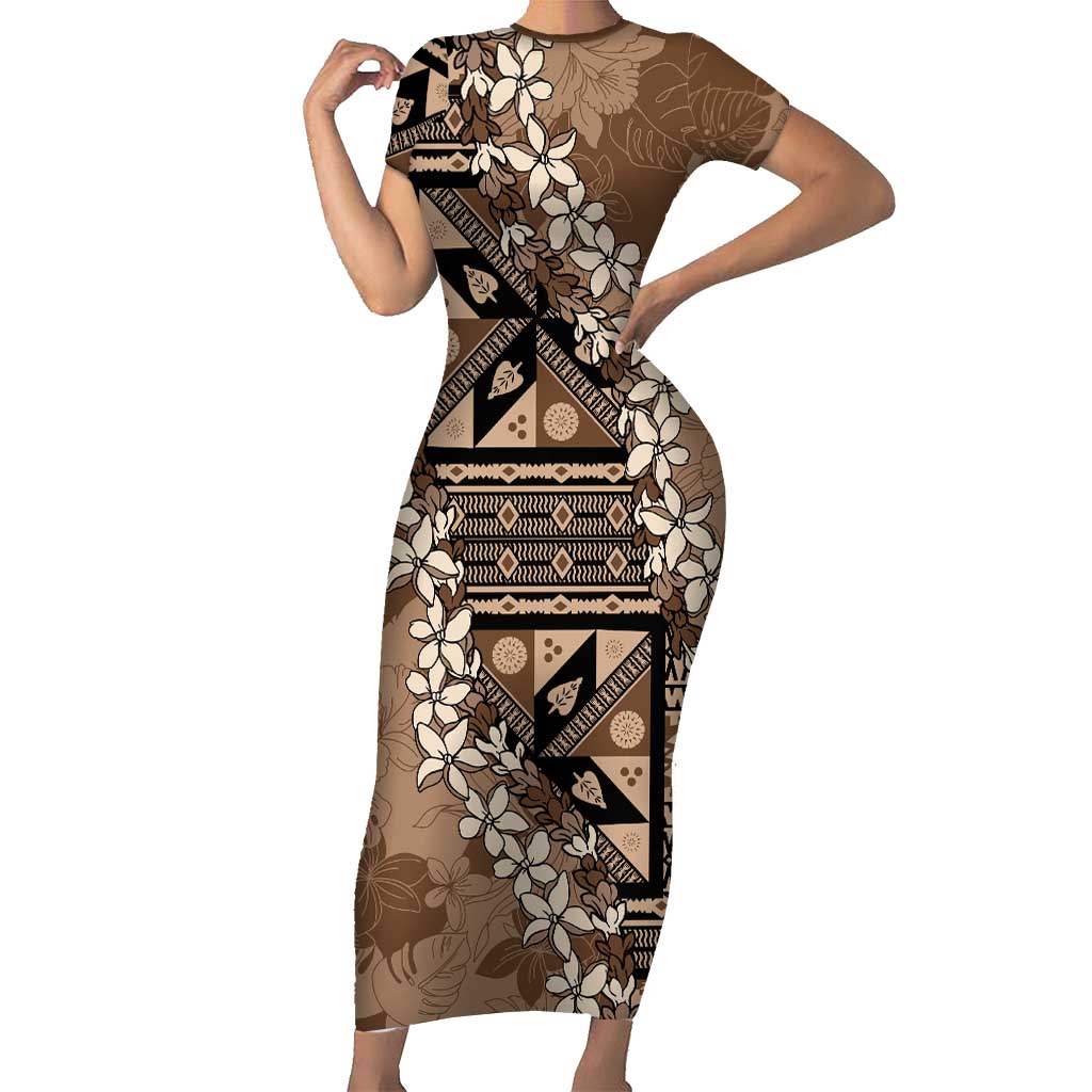 Bula Fiji Plumeria Tagimoucia Salusalu Mocha Short Sleeve Bodycon Dress Kaiviti Masi LT7 Long Dress Mocha - Polynesian Pride