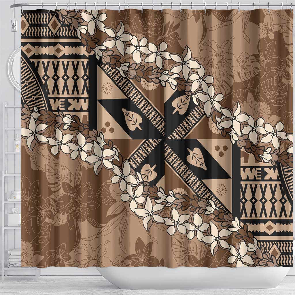 Bula Fiji Plumeria Tagimoucia Salusalu Mocha Shower Curtain Kaiviti Masi - Polynesian Pride