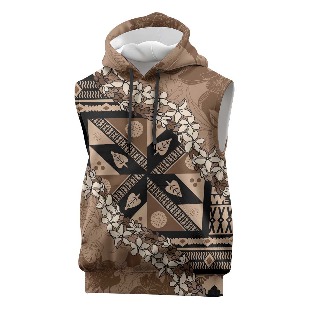 Bula Fiji Plumeria Tagimoucia Salusalu Mocha Sleeveless Hoodie Kaiviti Masi - Polynesian Pride