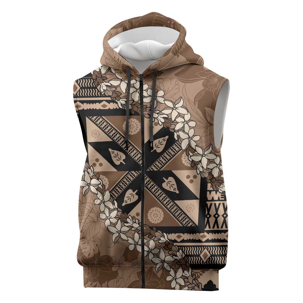 Bula Fiji Plumeria Tagimoucia Salusalu Mocha Sleeveless Zip Hoodie Kaiviti Masi - Polynesian Pride