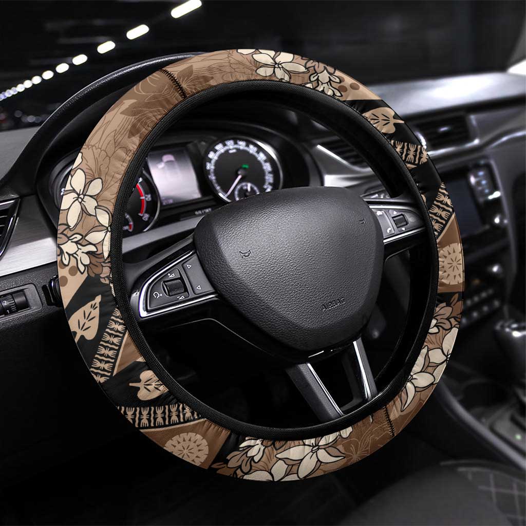 Bula Fiji Plumeria Tagimoucia Salusalu Mocha Steering Wheel Cover Kaiviti Masi LT7 Universal Fit Mocha - Polynesian Pride