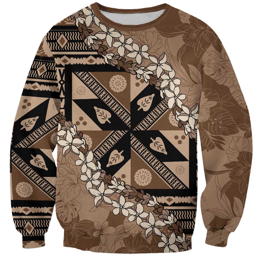 Bula Fiji Plumeria Tagimoucia Salusalu Mocha Sweatshirt Kaiviti Masi - Polynesian Pride