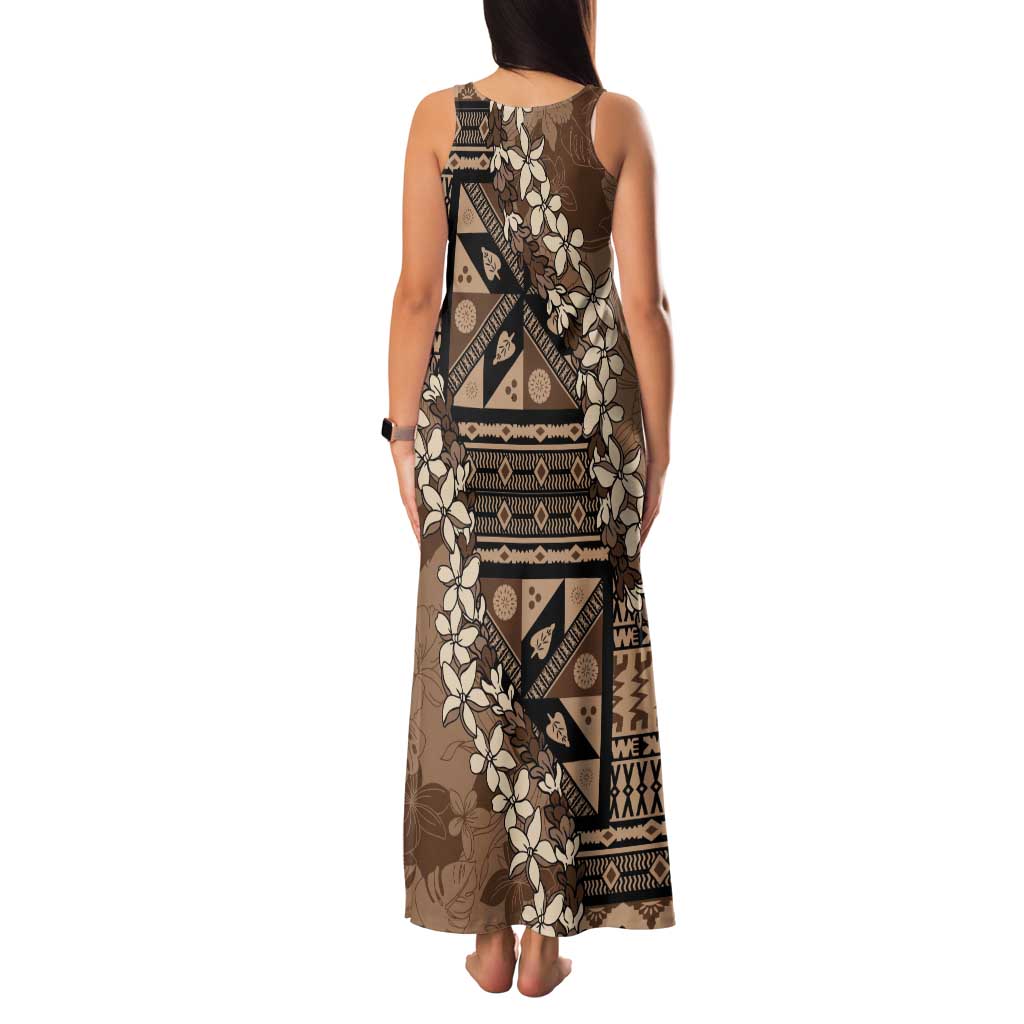 Bula Fiji Plumeria Tagimoucia Salusalu Mocha Tank Maxi Dress Kaiviti Masi LT7 - Polynesian Pride