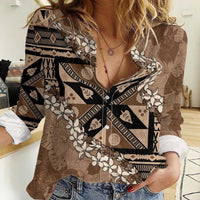 Bula Fiji Plumeria Tagimoucia Salusalu Mocha Women Casual Shirt Kaiviti Masi LT7 Female Mocha - Polynesian Pride