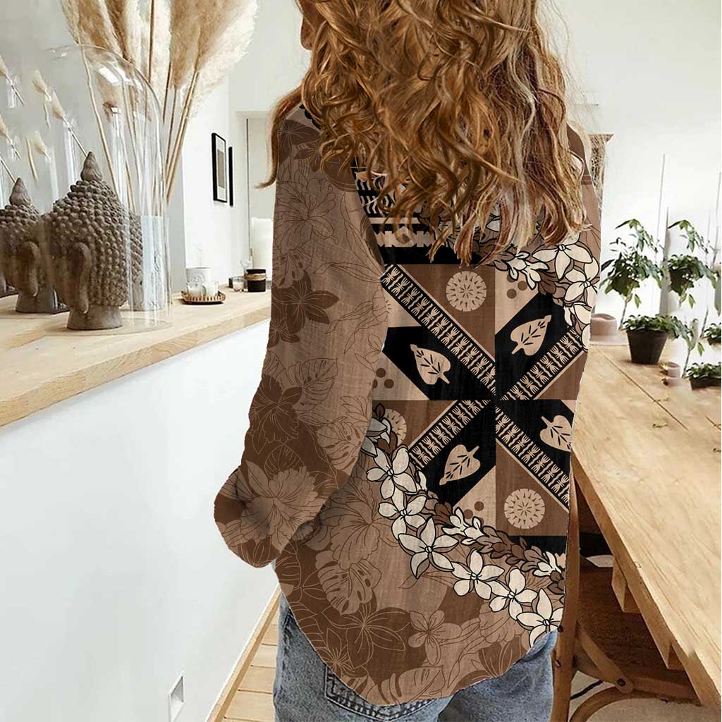 Bula Fiji Plumeria Tagimoucia Salusalu Mocha Women Casual Shirt Kaiviti Masi LT7 - Polynesian Pride