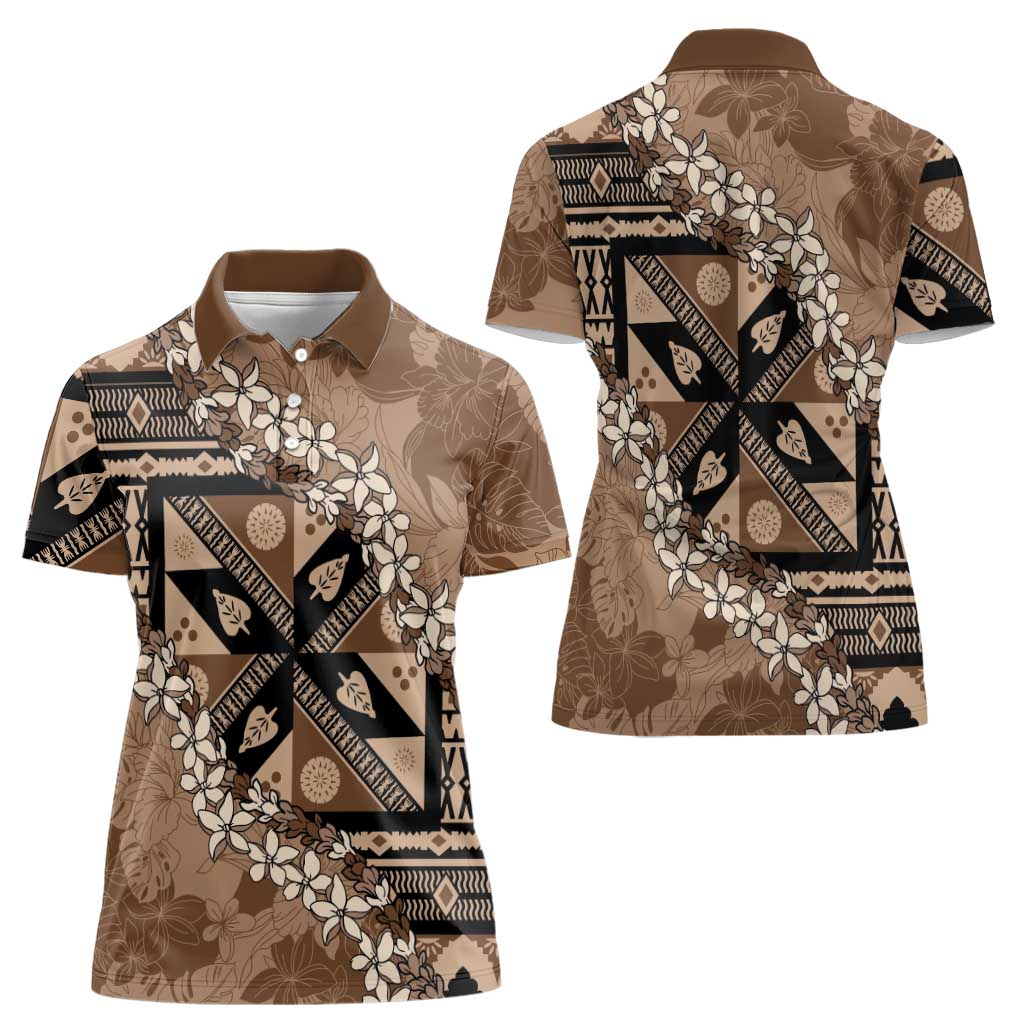 Bula Fiji Plumeria Tagimoucia Salusalu Mocha Women Polo Shirt Kaiviti Masi LT7 - Polynesian Pride