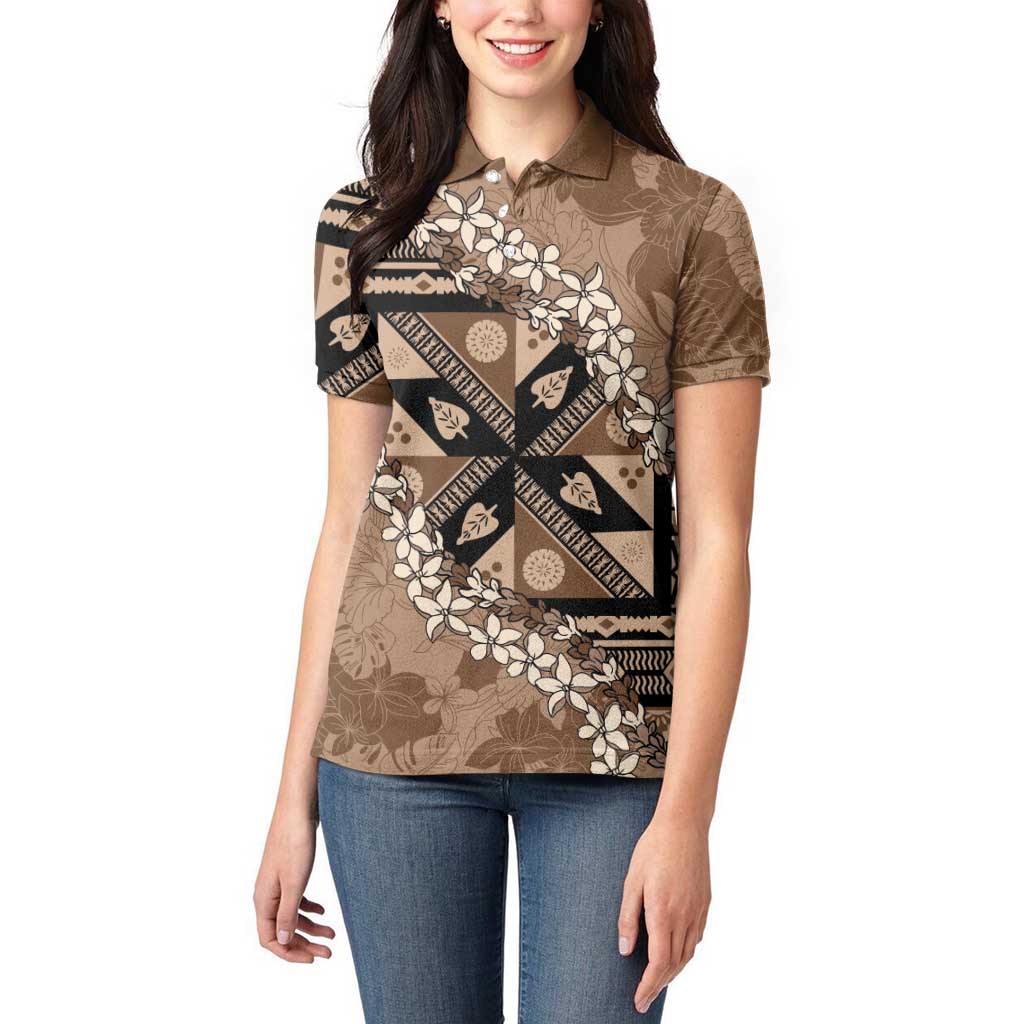 Bula Fiji Plumeria Tagimoucia Salusalu Mocha Women Polo Shirt Kaiviti Masi LT7 - Polynesian Pride