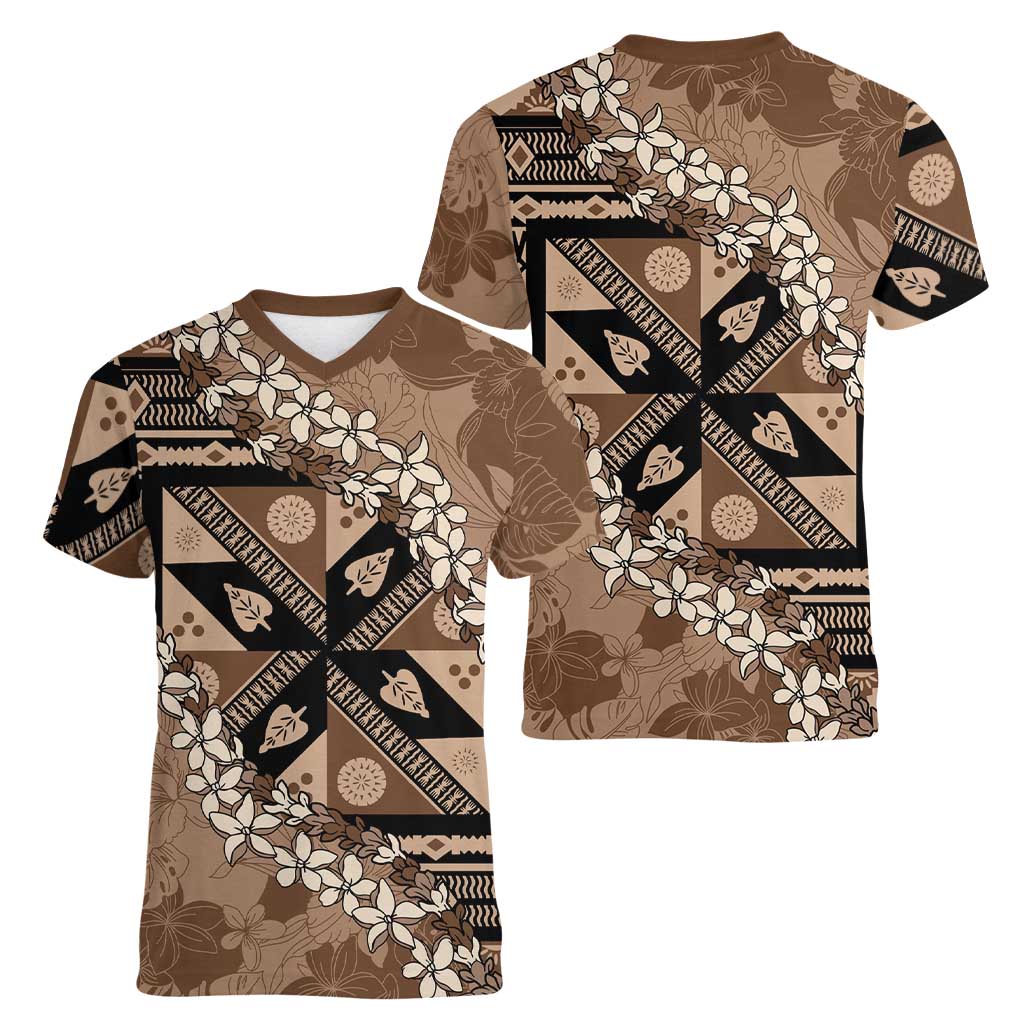 Bula Fiji Plumeria Tagimoucia Salusalu Mocha Women V-Neck T-Shirt Kaiviti Masi LT7 - Polynesian Pride