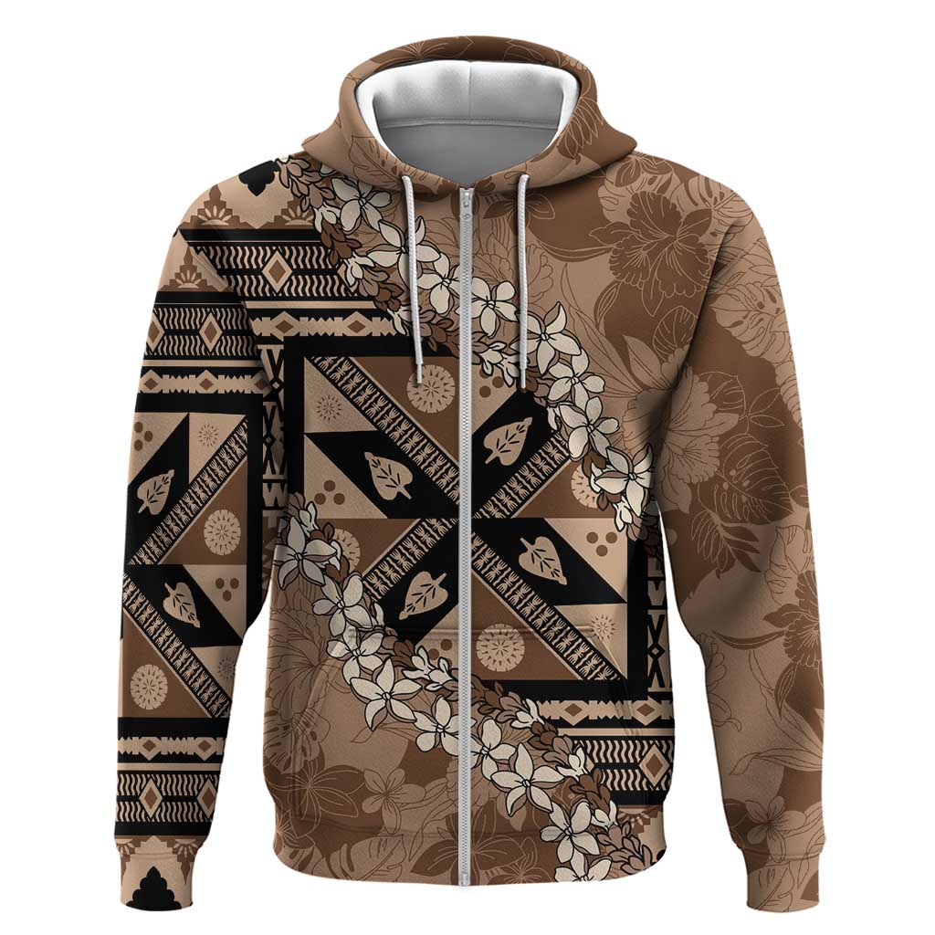 Bula Fiji Plumeria Tagimoucia Salusalu Mocha Zip Hoodie Kaiviti Masi LT7 Zip Hoodie Mocha - Polynesian Pride