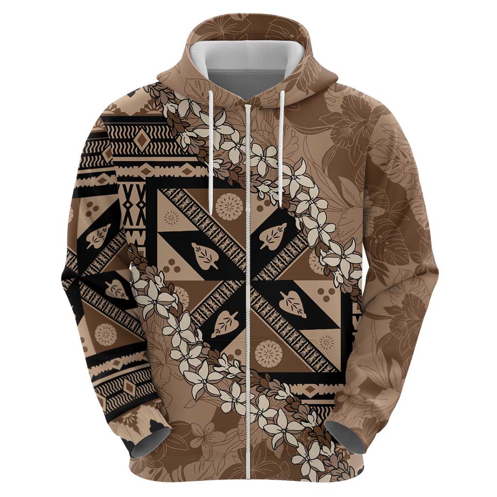 Bula Fiji Plumeria Tagimoucia Salusalu Mocha Zip Hoodie Kaiviti Masi LT7 - Polynesian Pride