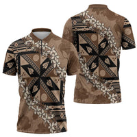 Bula Fiji Plumeria Tagimoucia Salusalu Mocha Zipper Polo Shirt Kaiviti Masi - Polynesian Pride