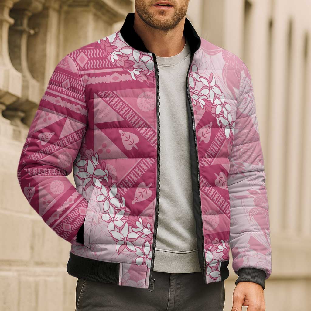 Bula Fiji Plumeria Tagimoucia Salusalu Pink Bomber Puffer Jacket Kaiviti Masi - Polynesian Pride