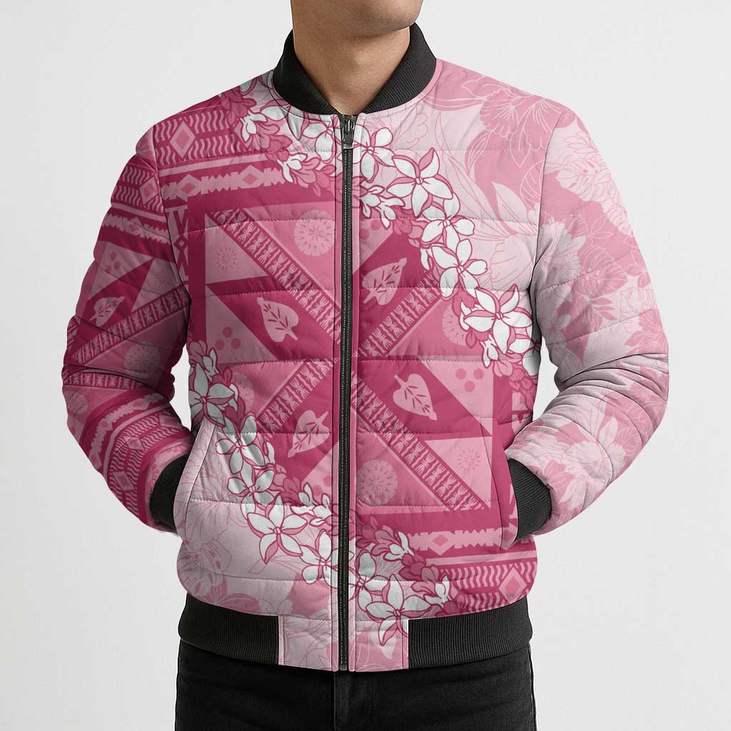 Bula Fiji Plumeria Tagimoucia Salusalu Pink Bomber Puffer Jacket Kaiviti Masi - Polynesian Pride