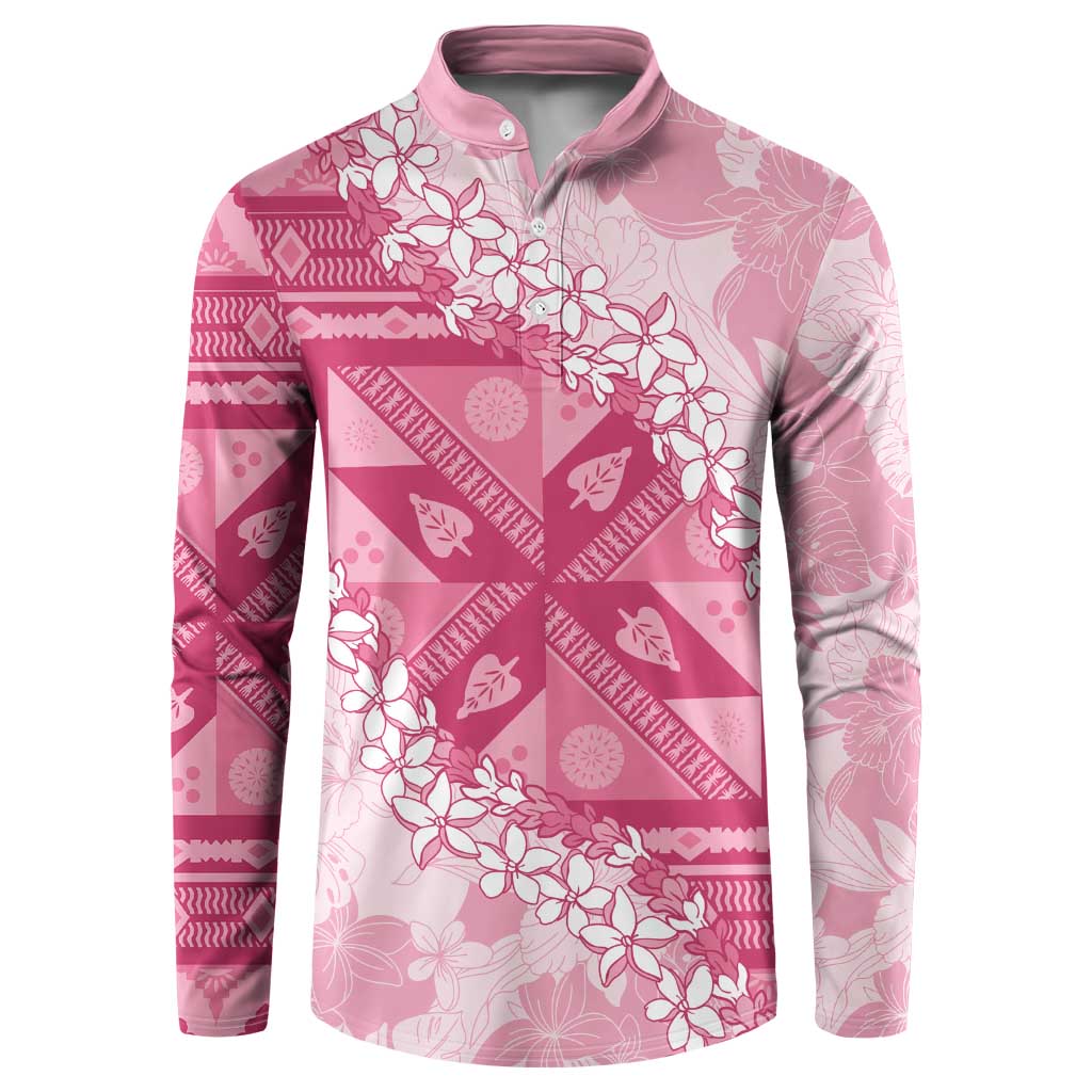 Bula Fiji Plumeria Tagimoucia Salusalu Pink Button Sweatshirt Kaiviti Masi - Polynesian Pride