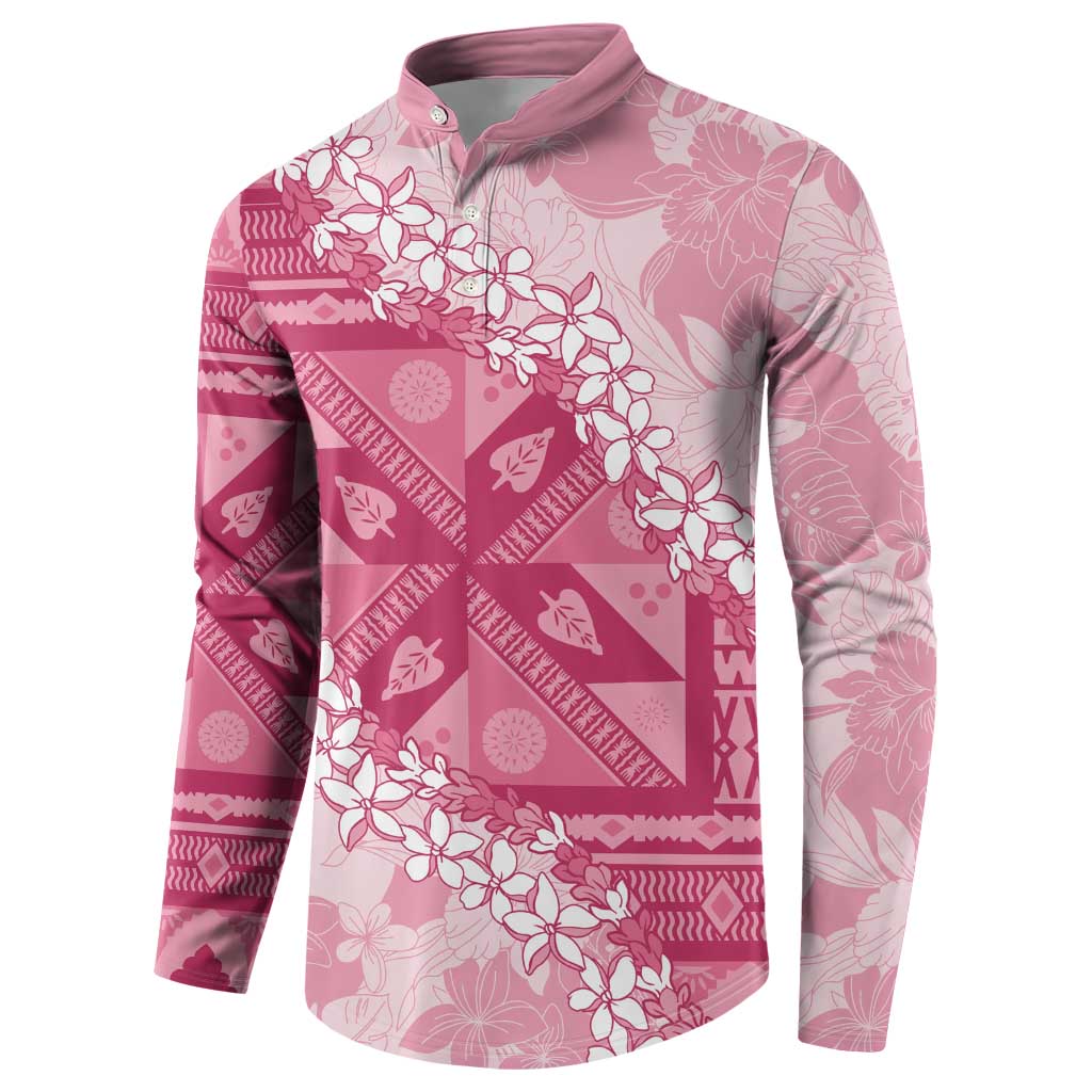 Bula Fiji Plumeria Tagimoucia Salusalu Pink Button Sweatshirt Kaiviti Masi - Polynesian Pride